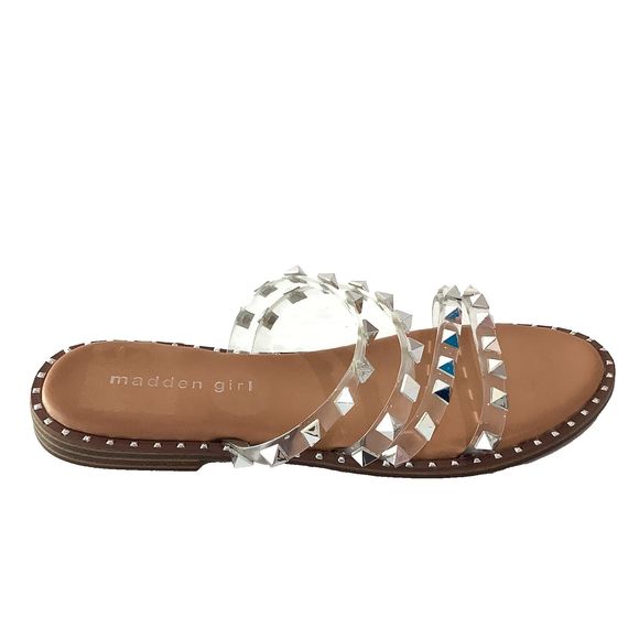 Steve Madden Silver Studded Clear Strap Tan Flats Sandals Size 6.5 NEW - Picture 4 of 5